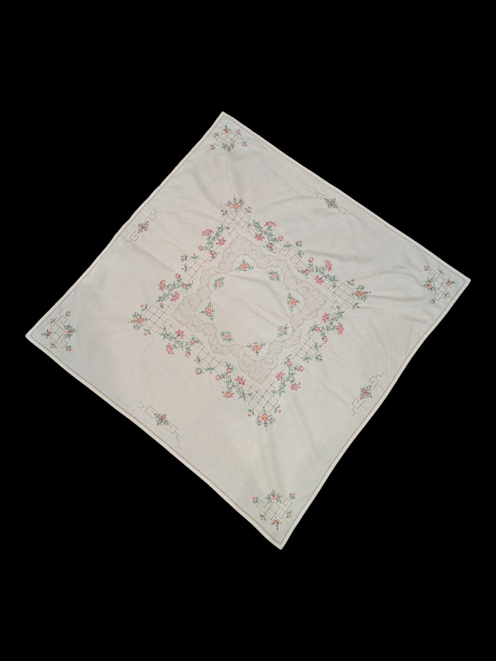 VTG Off White* Square Floral Embroidered Cross Stitch Table Cloth Topper 33"